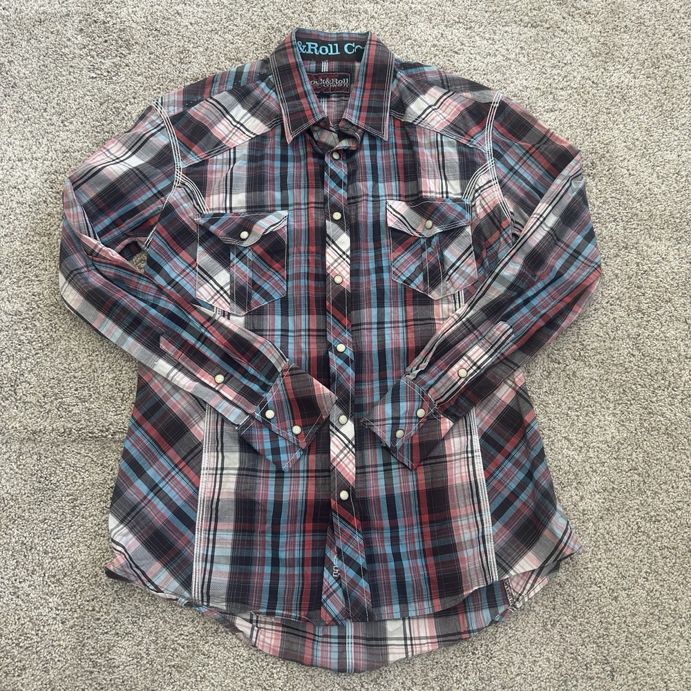 Rock & Roll Cowboy Shirt Men's Medium Long Sleeve Western Plaid Pearl Snap Cotto